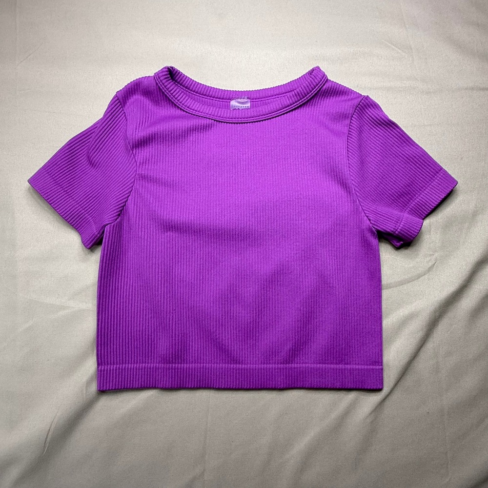 Lovepoem Purple Ribbed Short Sleeve Crop Top Crew Neck Stretch Tee